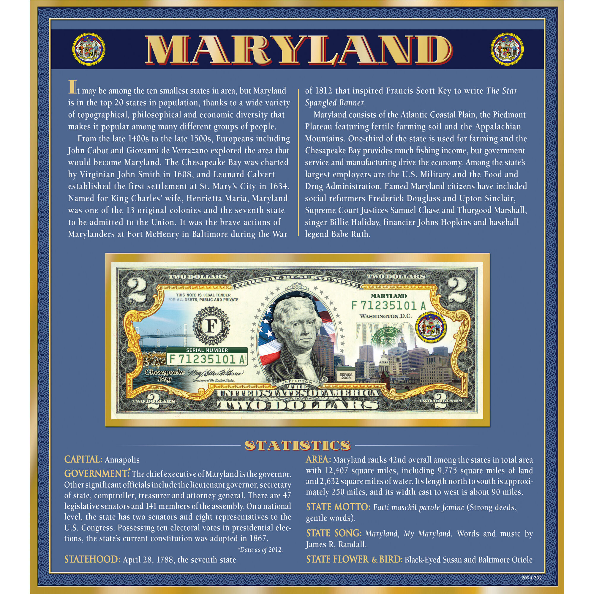 The United States Enhanced Two Dollar Bill Collection 6448 0031 a Maryland
