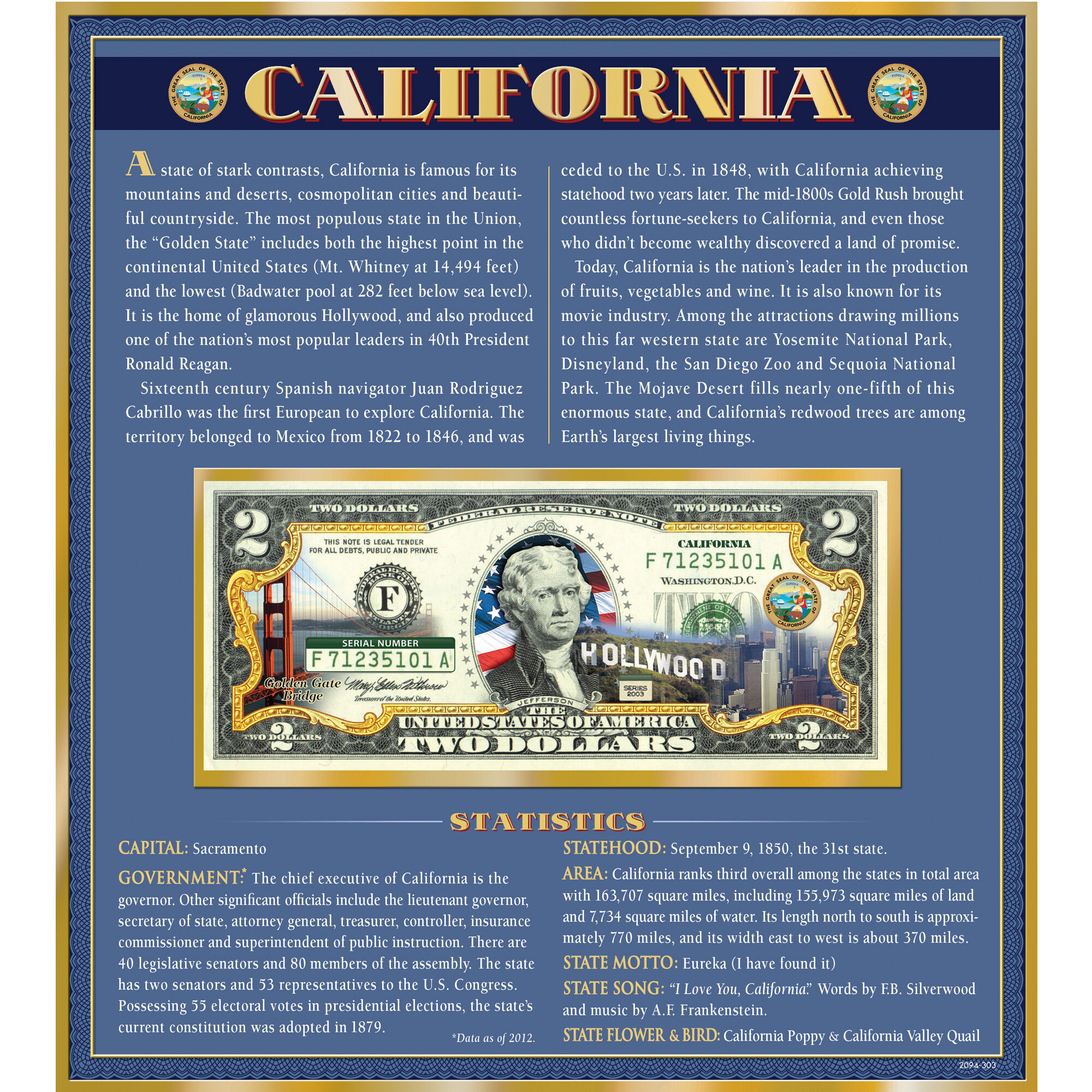 The United States Enhanced Two Dollar Bill Collection 6448 0031 a California