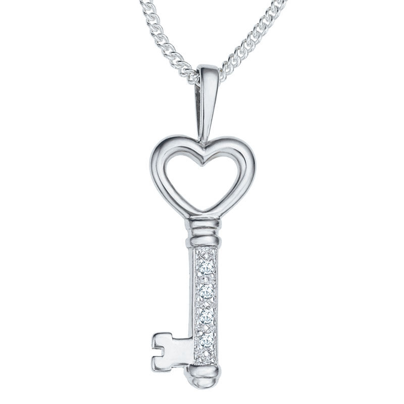 HEART KEY NECKLACE PENDANT W/ .50 CT ACCENTS/ 925 STERLING SILVER/ 48MM BY 14MM 