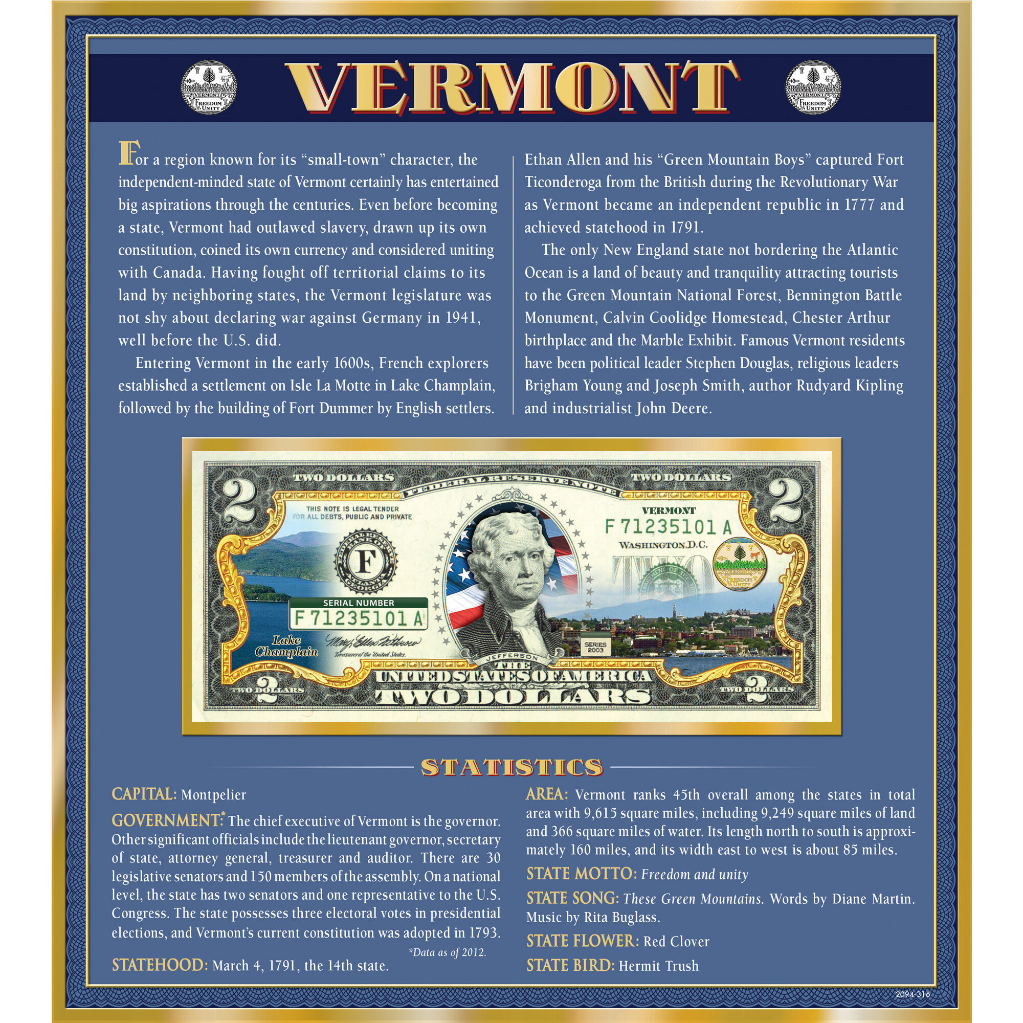 The United States Enhanced Two Dollar Bill Collection 6448 0031 a Vermont