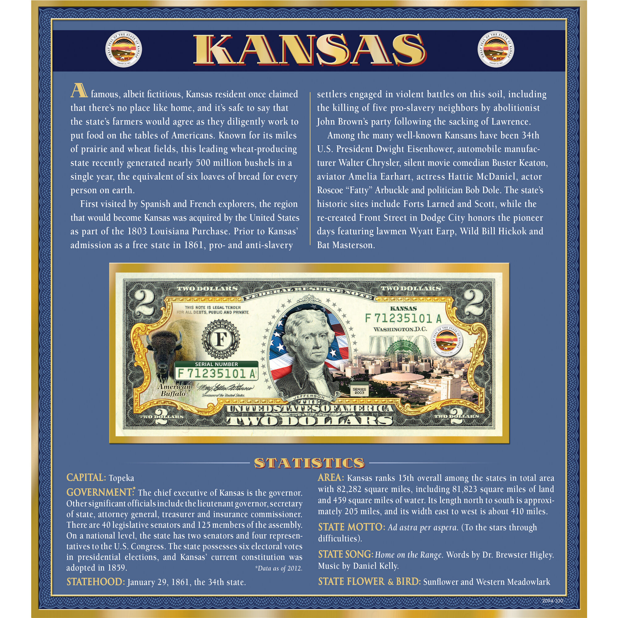 The United States Enhanced Two Dollar Bill Collection 6448 0031 a Kansas