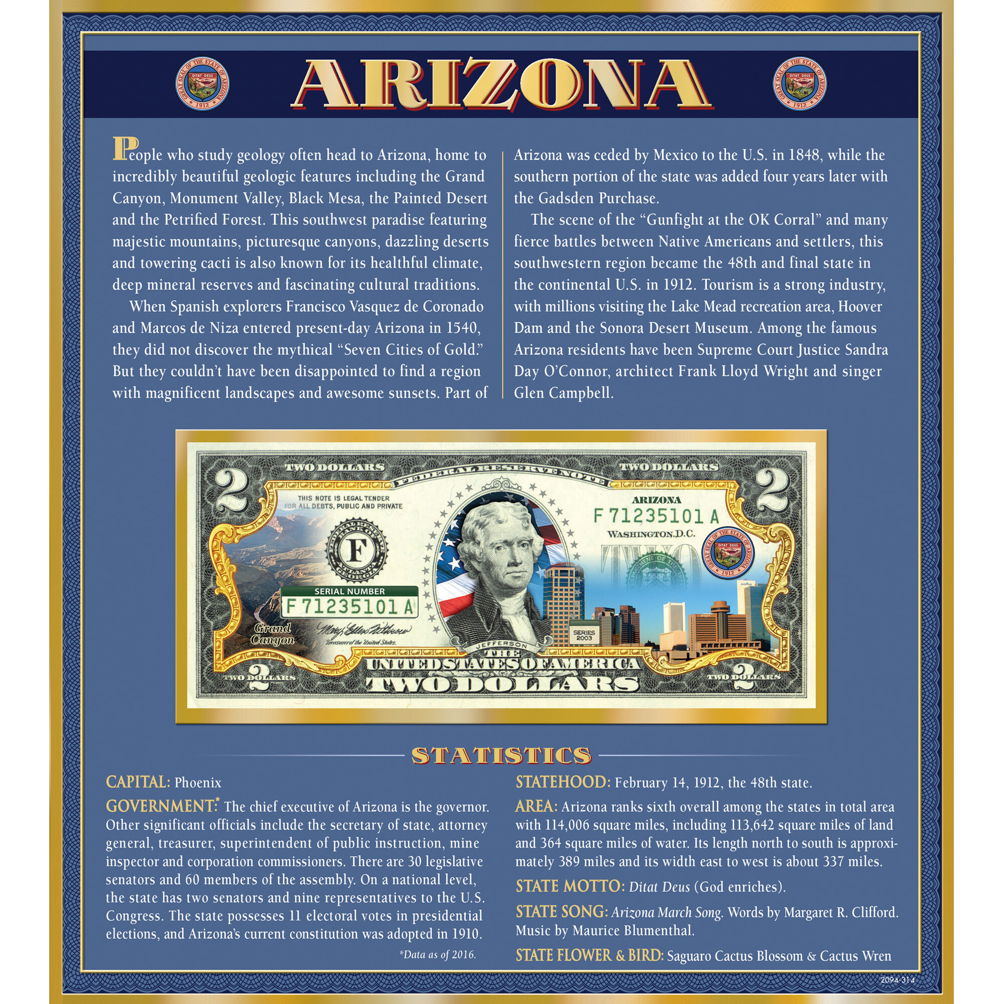 The United States Enhanced Two Dollar Bill Collection 6448 0031 a Arizona