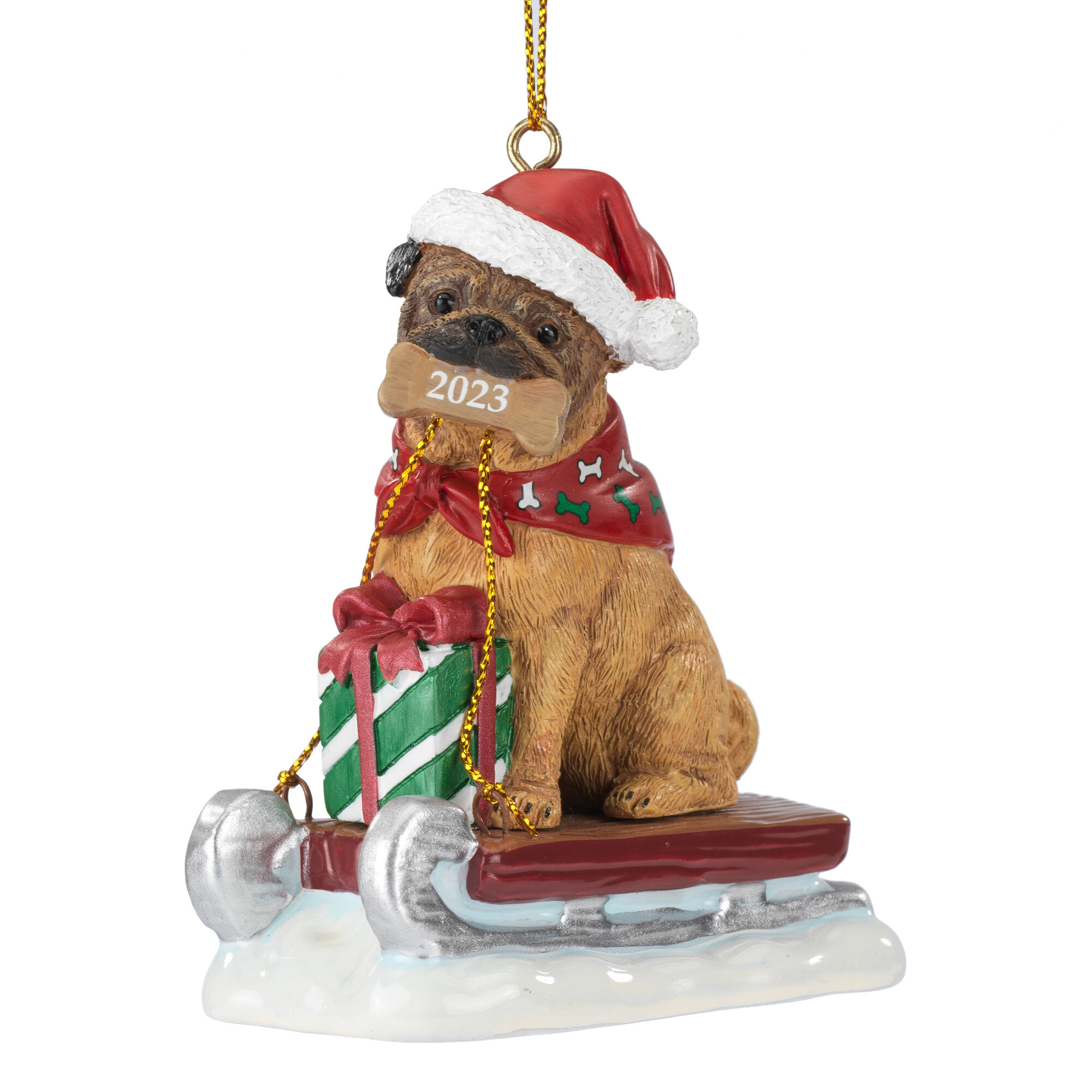 Pug Dog Holding a Christmas Present Ornament