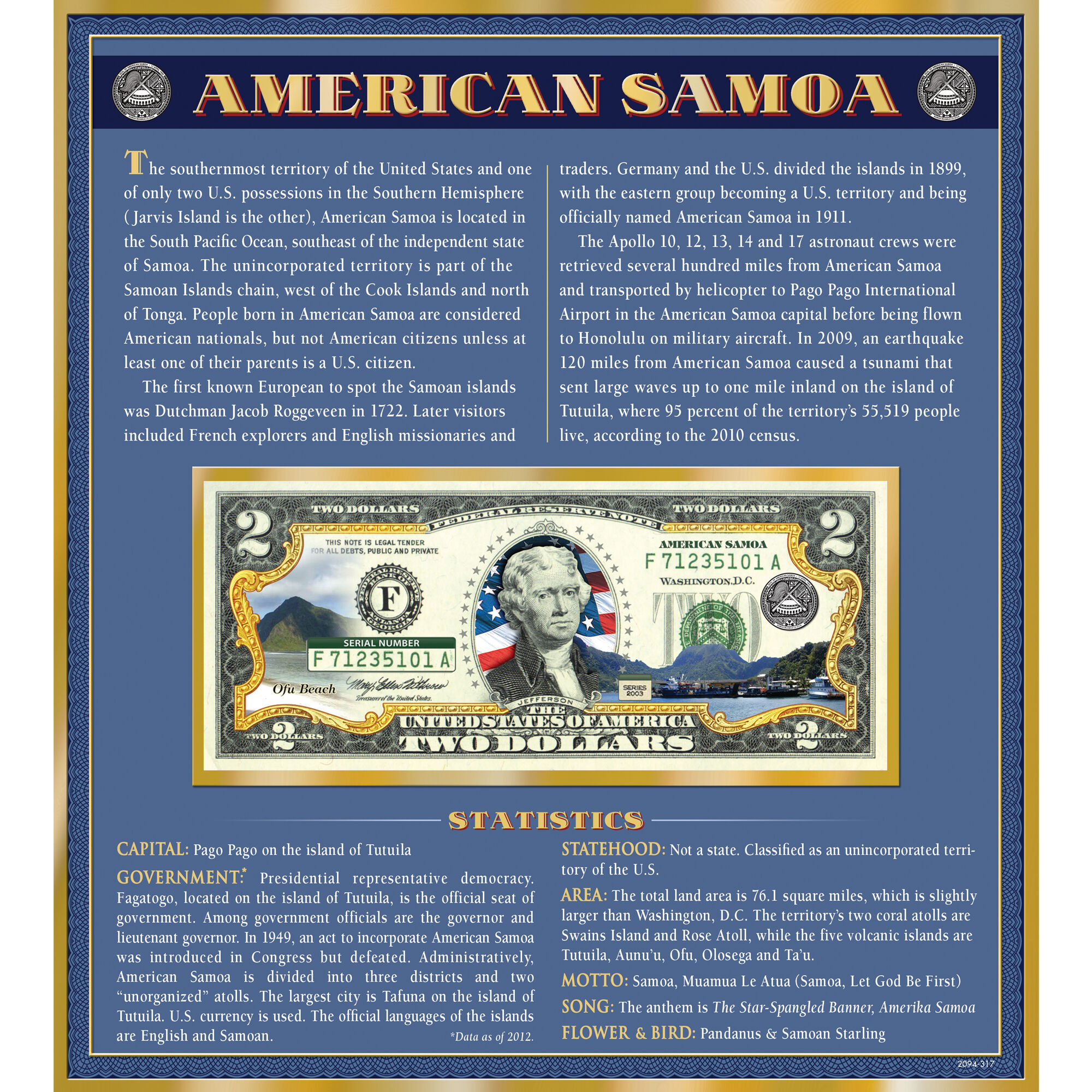 The United States Enhanced Two Dollar Bill Collection 6448 0031 a American Samoa