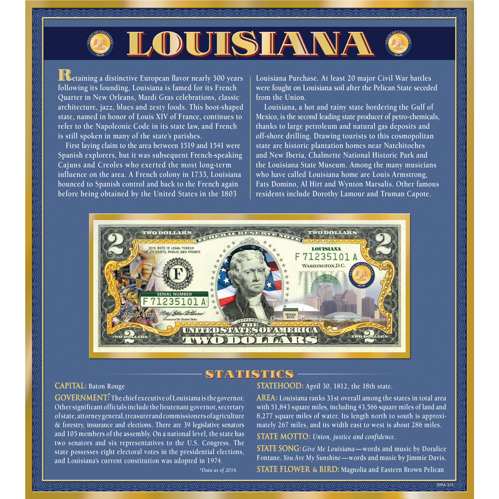 The United States Enhanced Two Dollar Bill Collection 6448 0031 a Louisiana