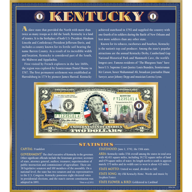 The United States Enhanced Two Dollar Bill Collection 6448 0031 a Kentucky