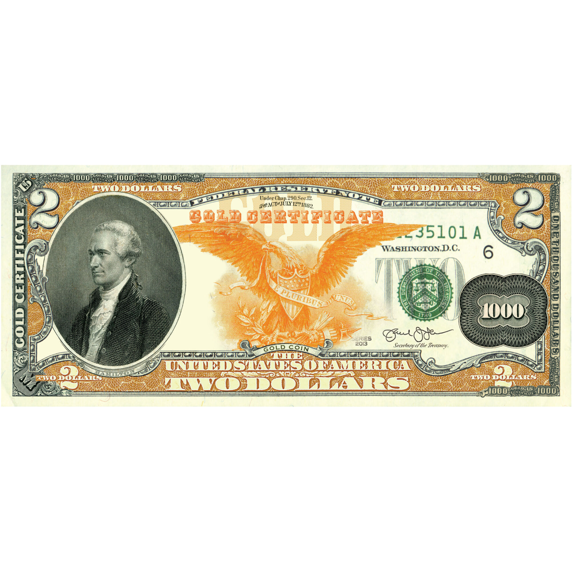 1882 Series Gold Certificates Complete Set of 7 on Modern U.S Genuine $2 Bills 