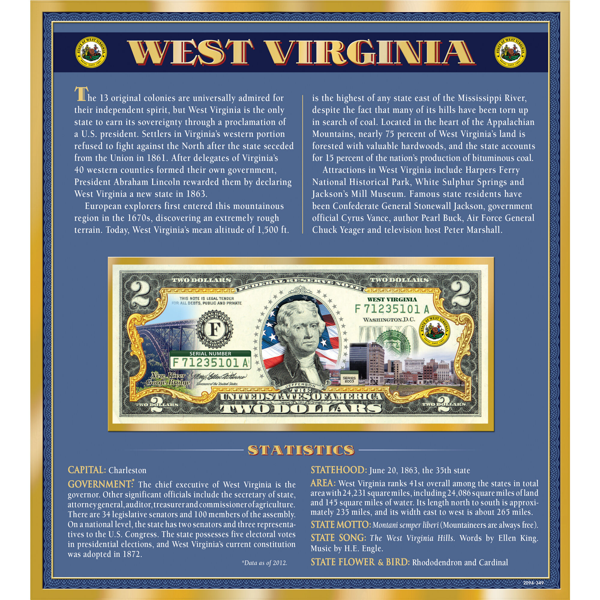 The United States Enhanced Two Dollar Bill Collection 6448 0031 a West Virginia 