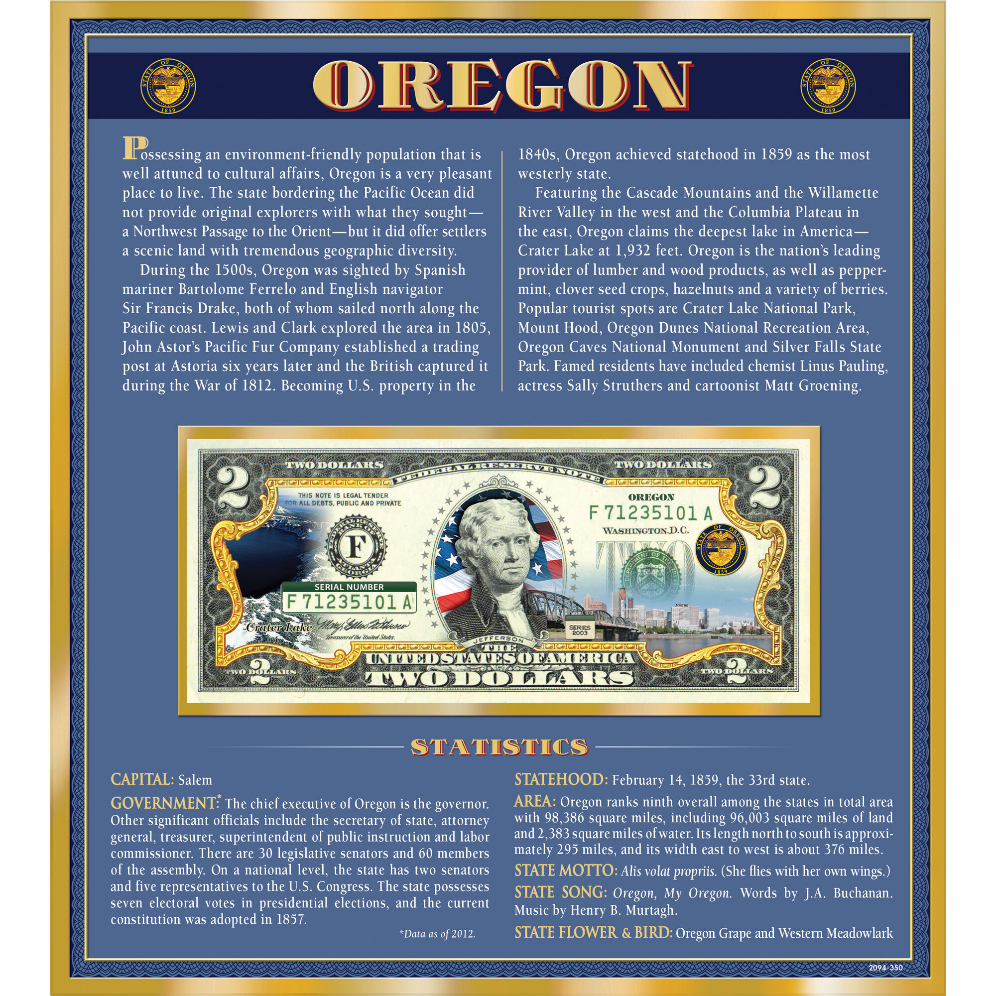 The United States Enhanced Two Dollar Bill Collection 6448 0031 a Oregon