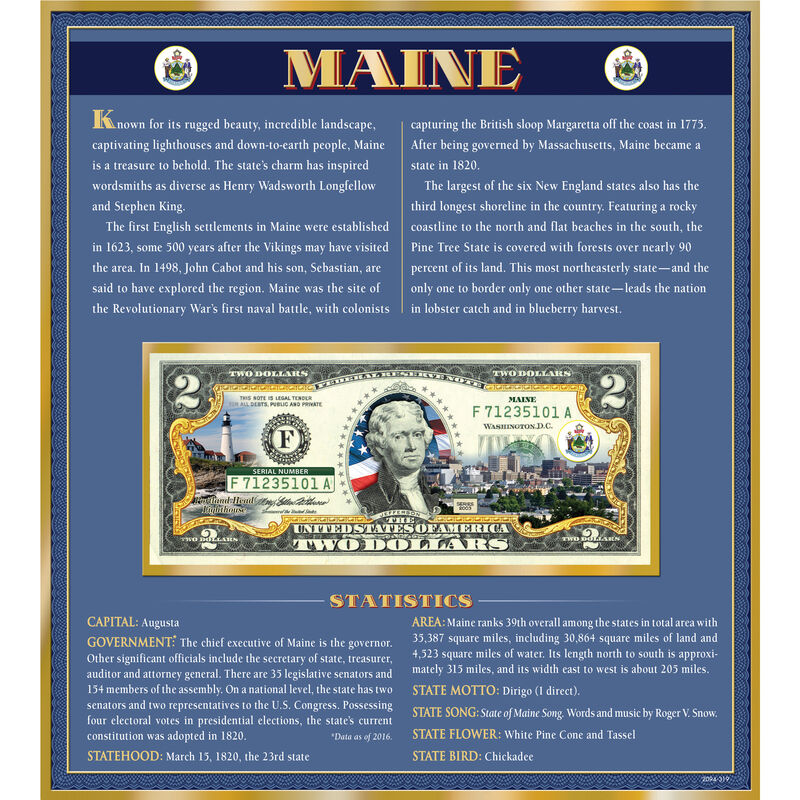 The United States Enhanced Two Dollar Bill Collection 6448 0031 a Maine