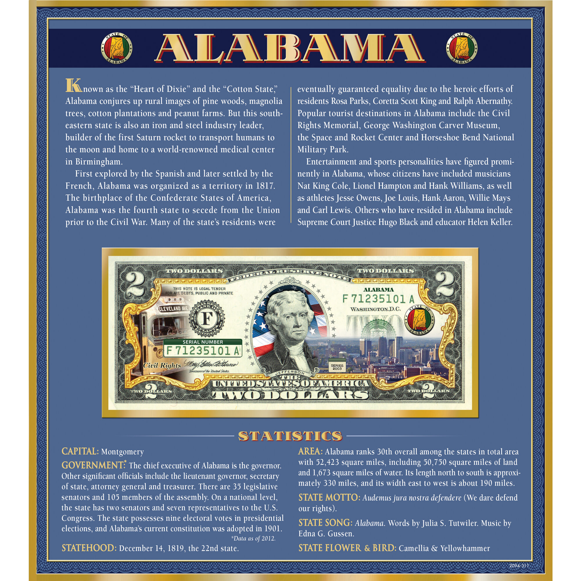 The United States Enhanced Two Dollar Bill Collection 6448 0031 a Alabama
