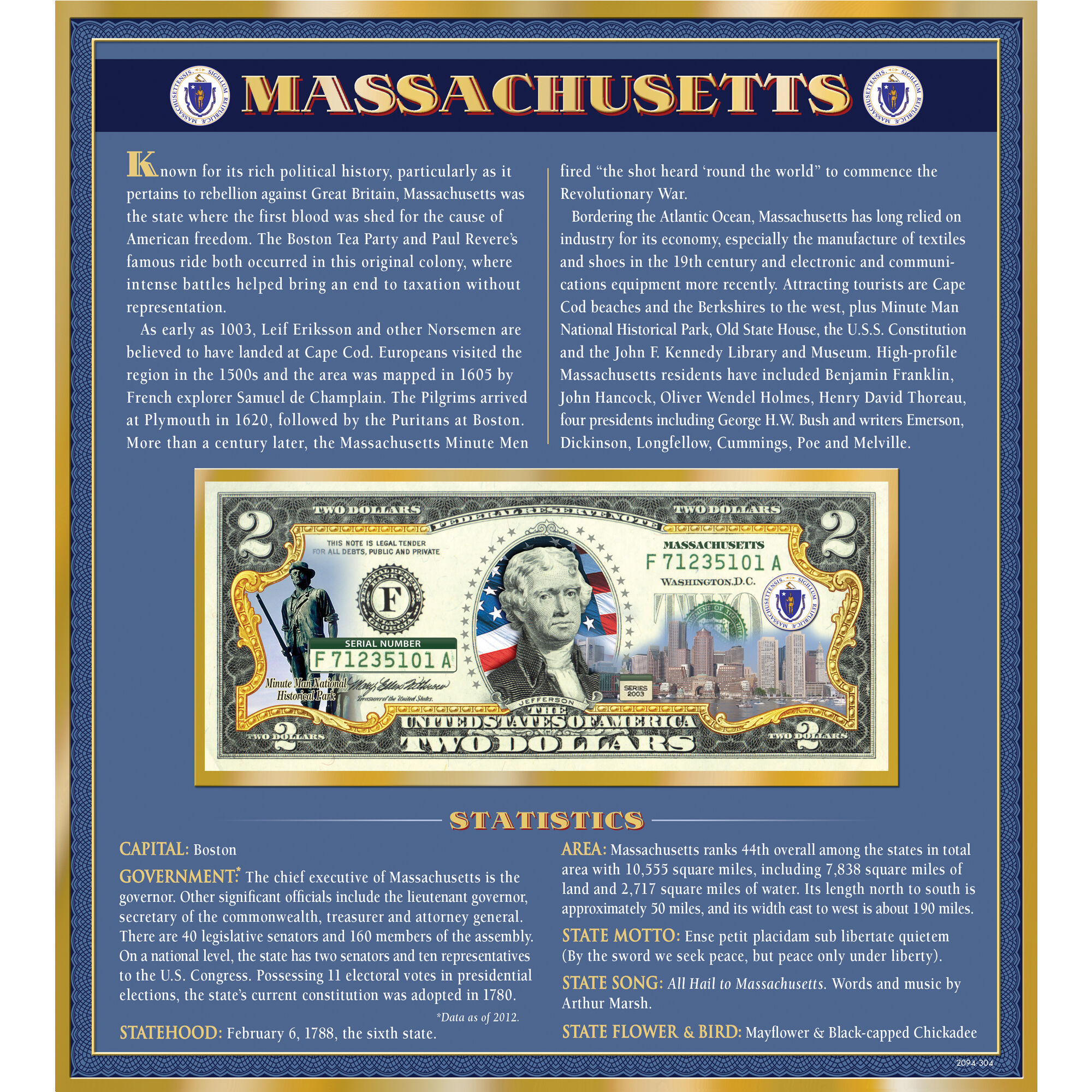 The United States Enhanced Two Dollar Bill Collection 6448 0031 a Massachusetts