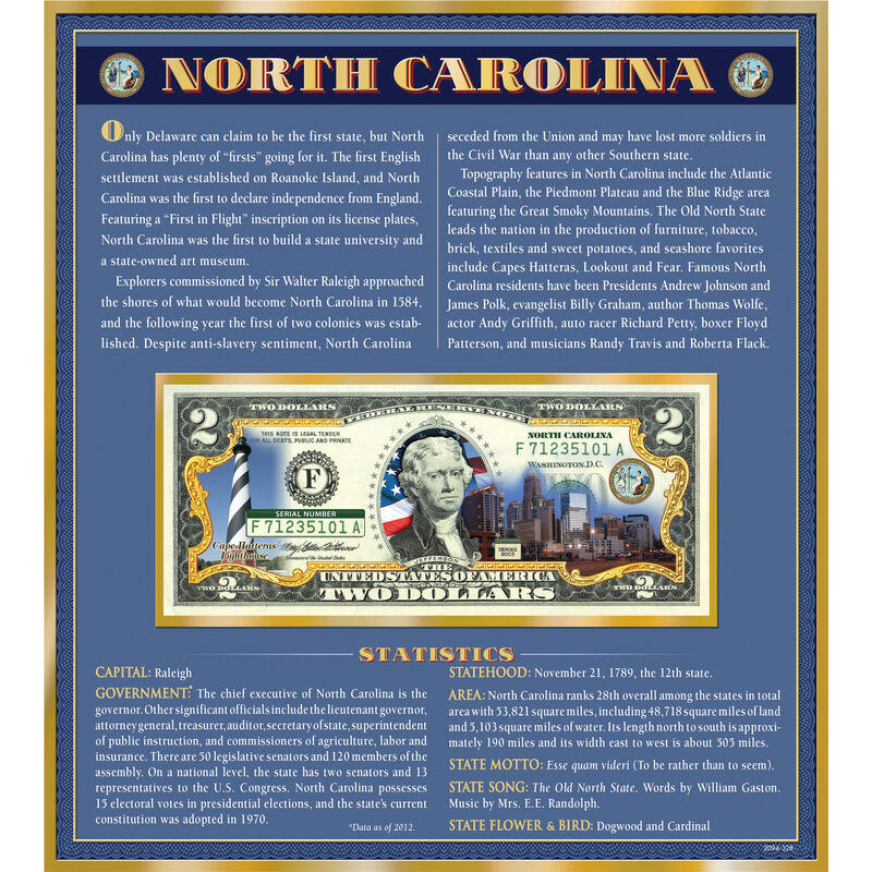 The United States Enhanced Two Dollar Bill Collection 6448 0031 a North Carolina