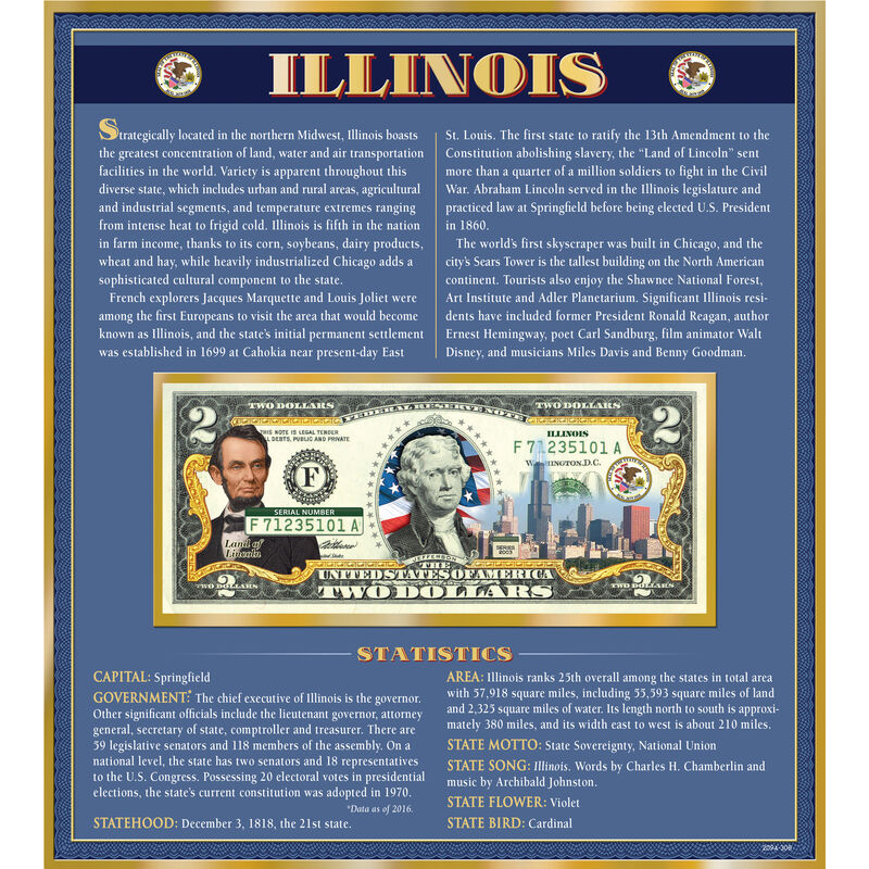 The United States Enhanced Two Dollar Bill Collection 6448 0031 a Illinois