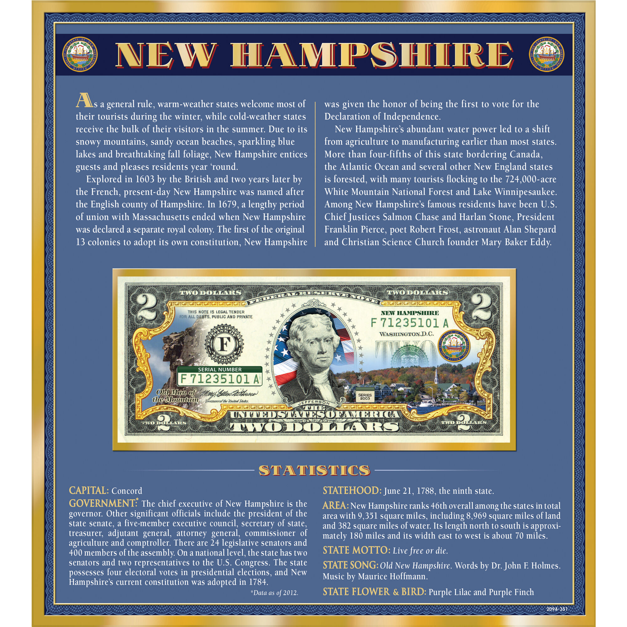 The United States Enhanced Two Dollar Bill Collection 6448 0031 a New Hampshire
